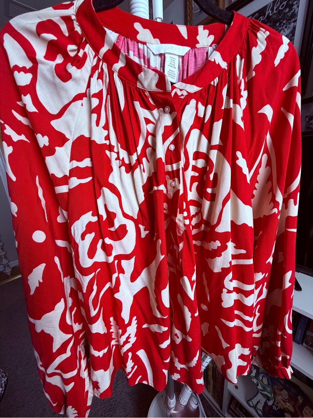 H&M Red and Off White Printed Long-Sleeve Blouse